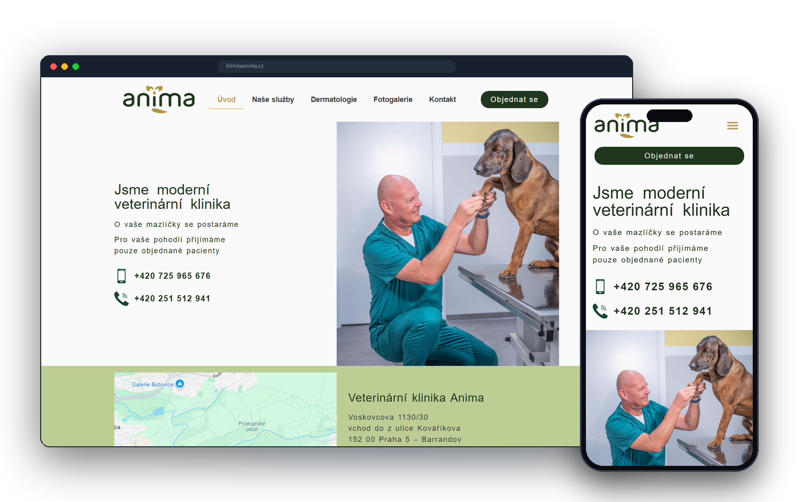 Úvodní stránka webu Kliniky Anima – hero s reálnou fotkou veterináře a pacienta