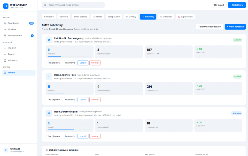 Web Analyzer admin: 3 sender mailboxes (getwebui.cz, mywebui.cz, webuidigital.cz) s warmup statusem a daily limity