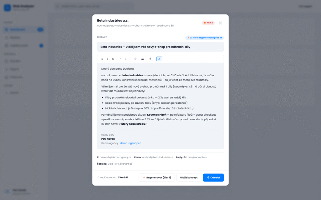 Web Analyzer email editor: cold e-mail s tagy {company_name} a {detected_problem}, podpis, reply-to