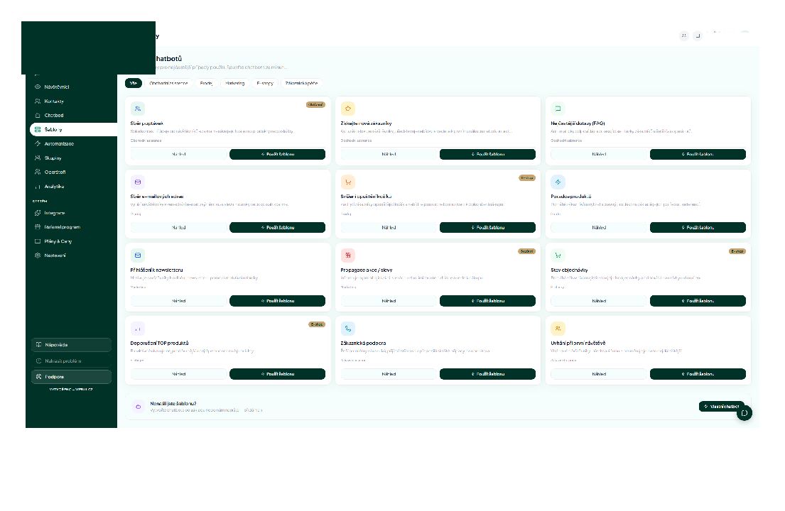 Katalog předpřipravených chatbotů pro různé use case — sběr poptávek, FAQ, prodej, marketing