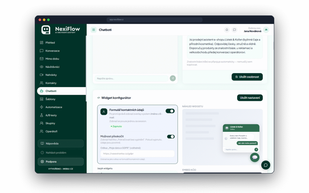 Konfigurátor widgetu s náhledem chatu na webu