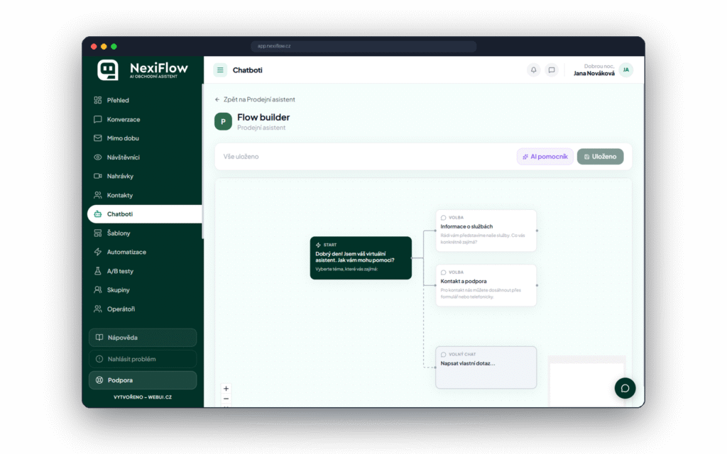 Vizuální flow builder pro stavbu konverzace