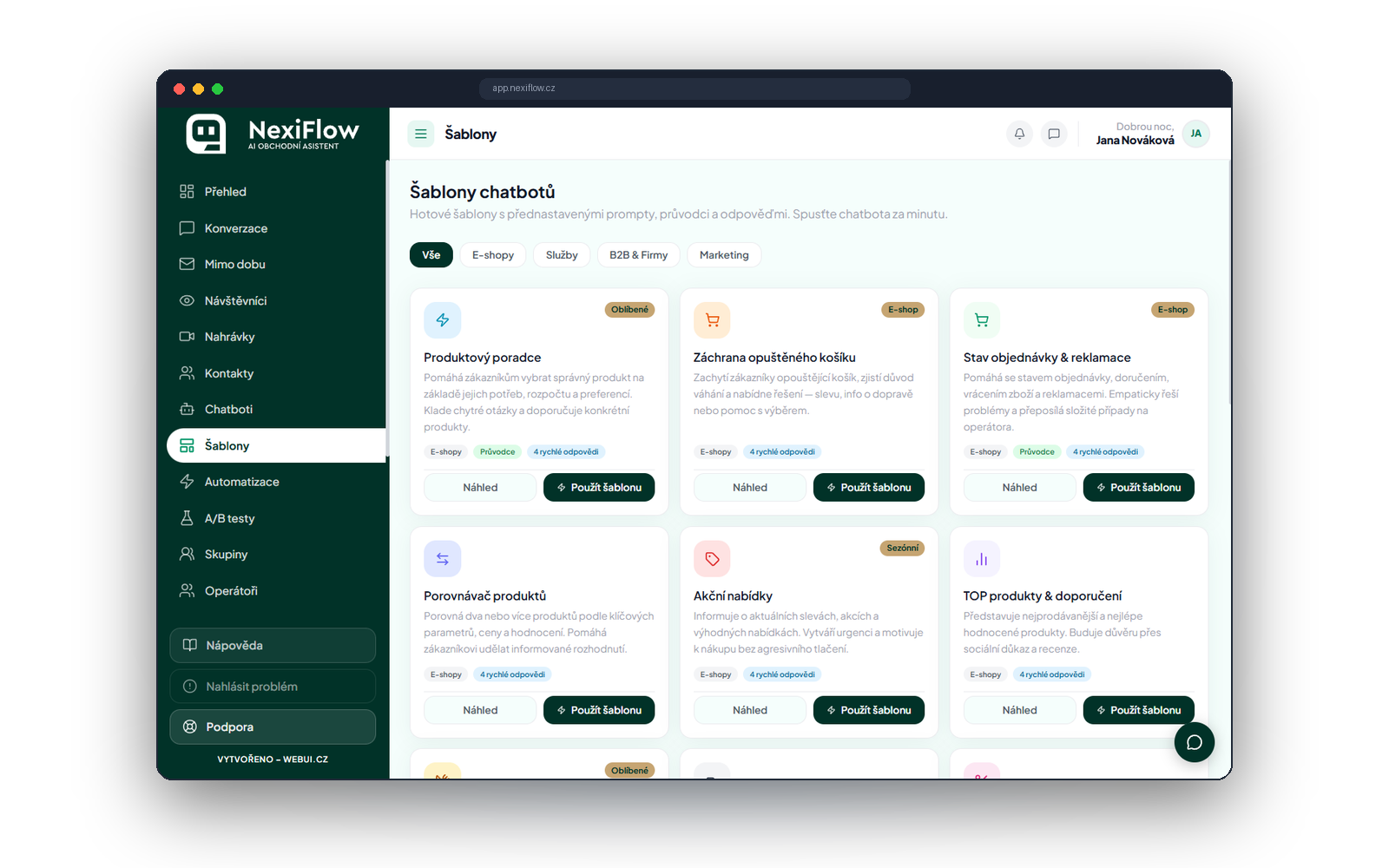 Šablony chatbotů pro e-shopy, služby a B2B