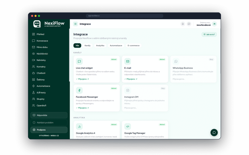 Integrace: live chat, e-mail, Messenger, Google Analytics a Tag Manager