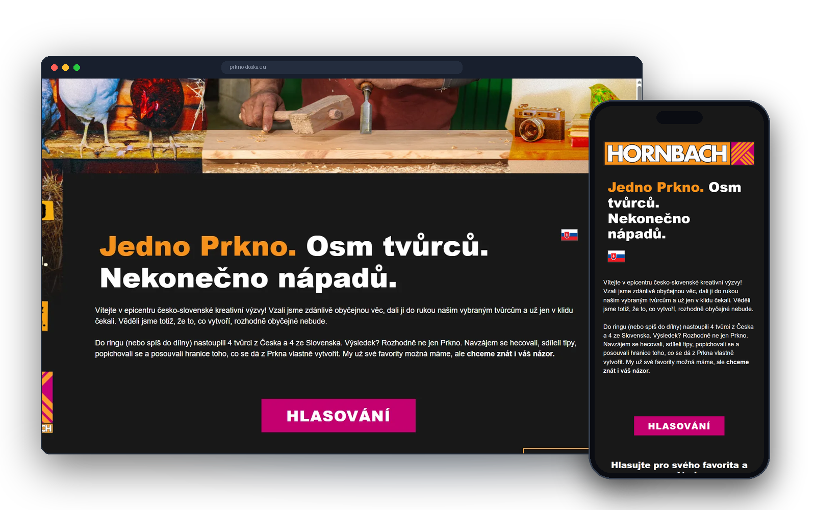Úvodní stránka hlasovací kampaně Hornbach Prkno s headline soutěže