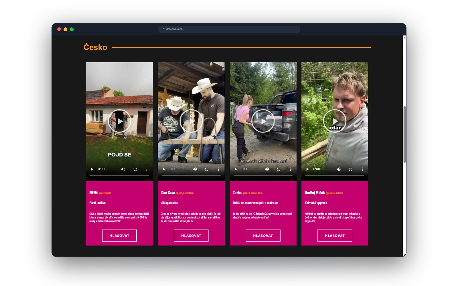 Karty českých tvůrců s videi výrobků a tlačítkem Hlasovat