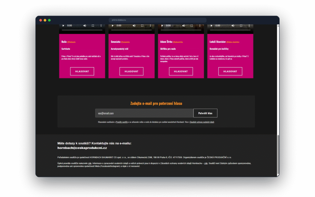 Hlasovací formulář s potvrzením hlasu e-mailem (double opt-in) a pravidly soutěže