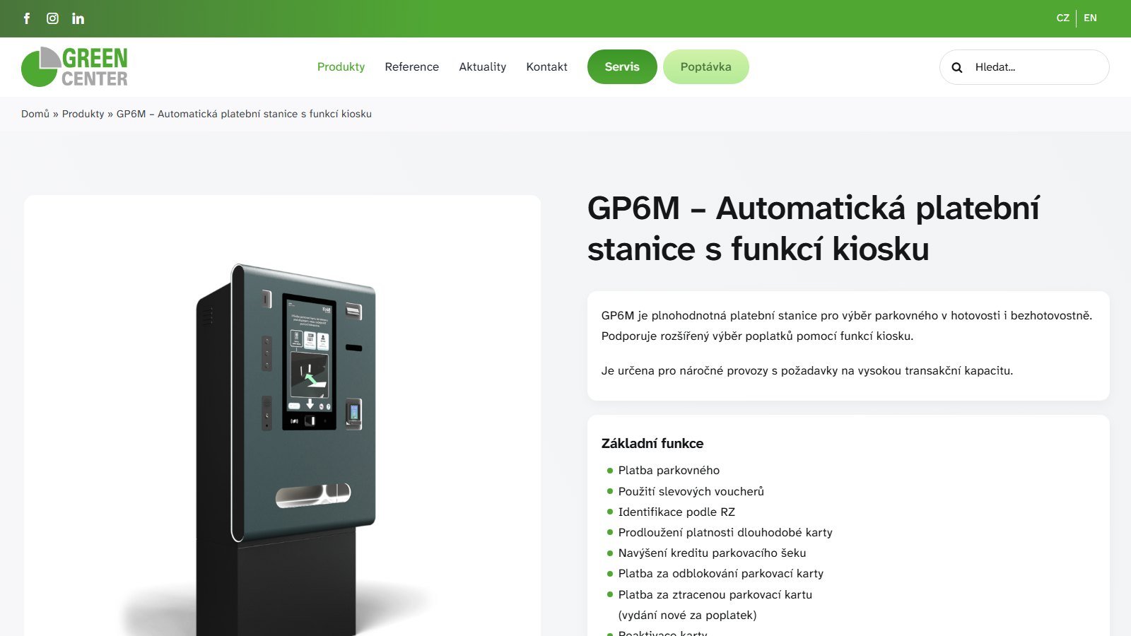 Česká produktová stránka platební stanice GP6M na webu green.cz
