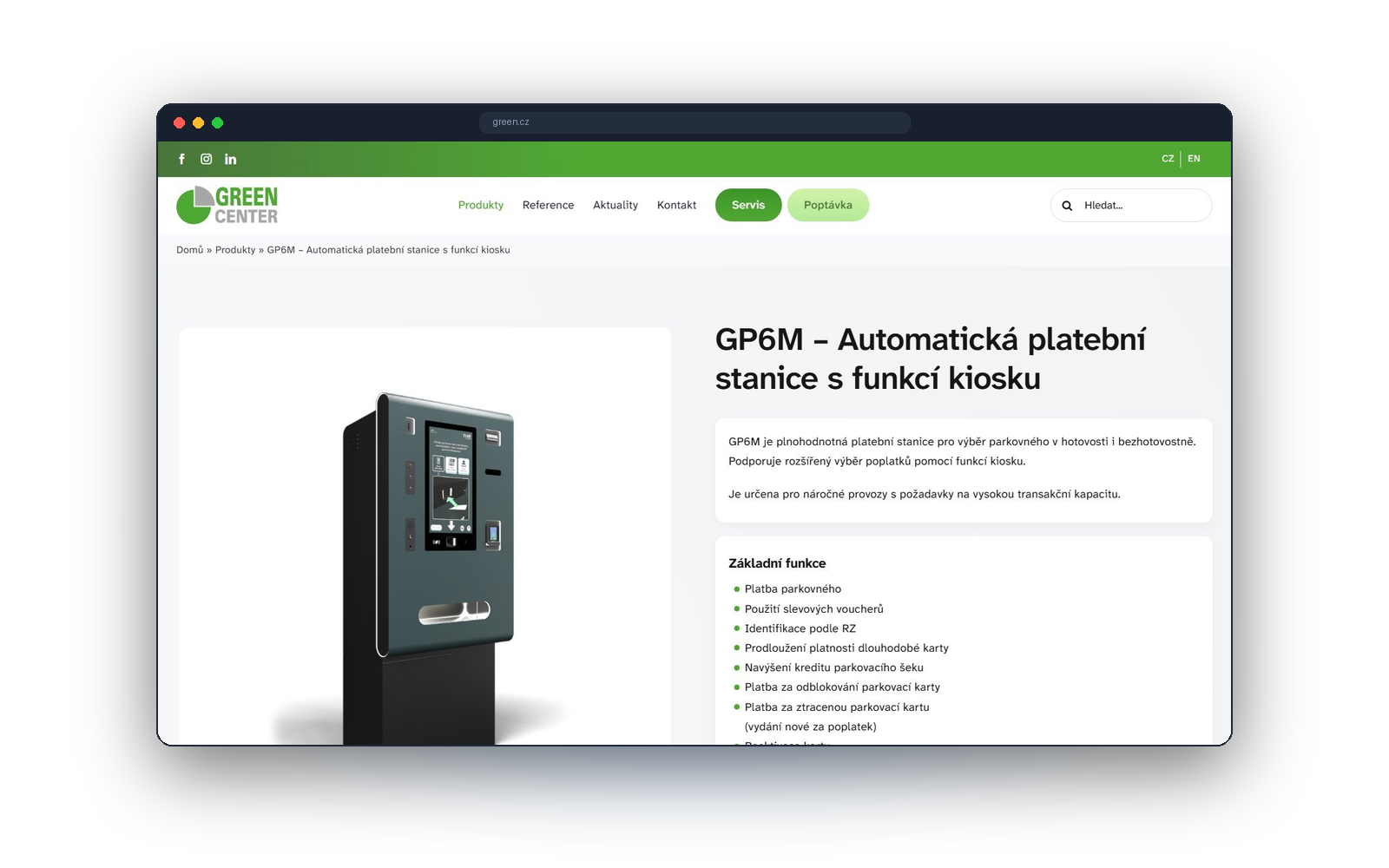 Česká produktová stránka platební stanice GP6M na webu green.cz