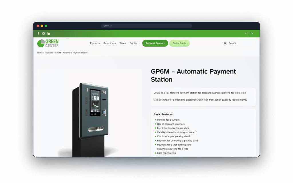 Anglická verze produktové stránky GP6M Automatic Payment Station