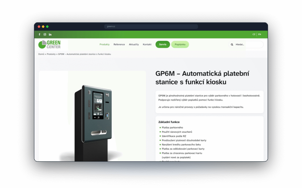 Produktová stránka se základními funkcemi rozdělenými podle datasheetu