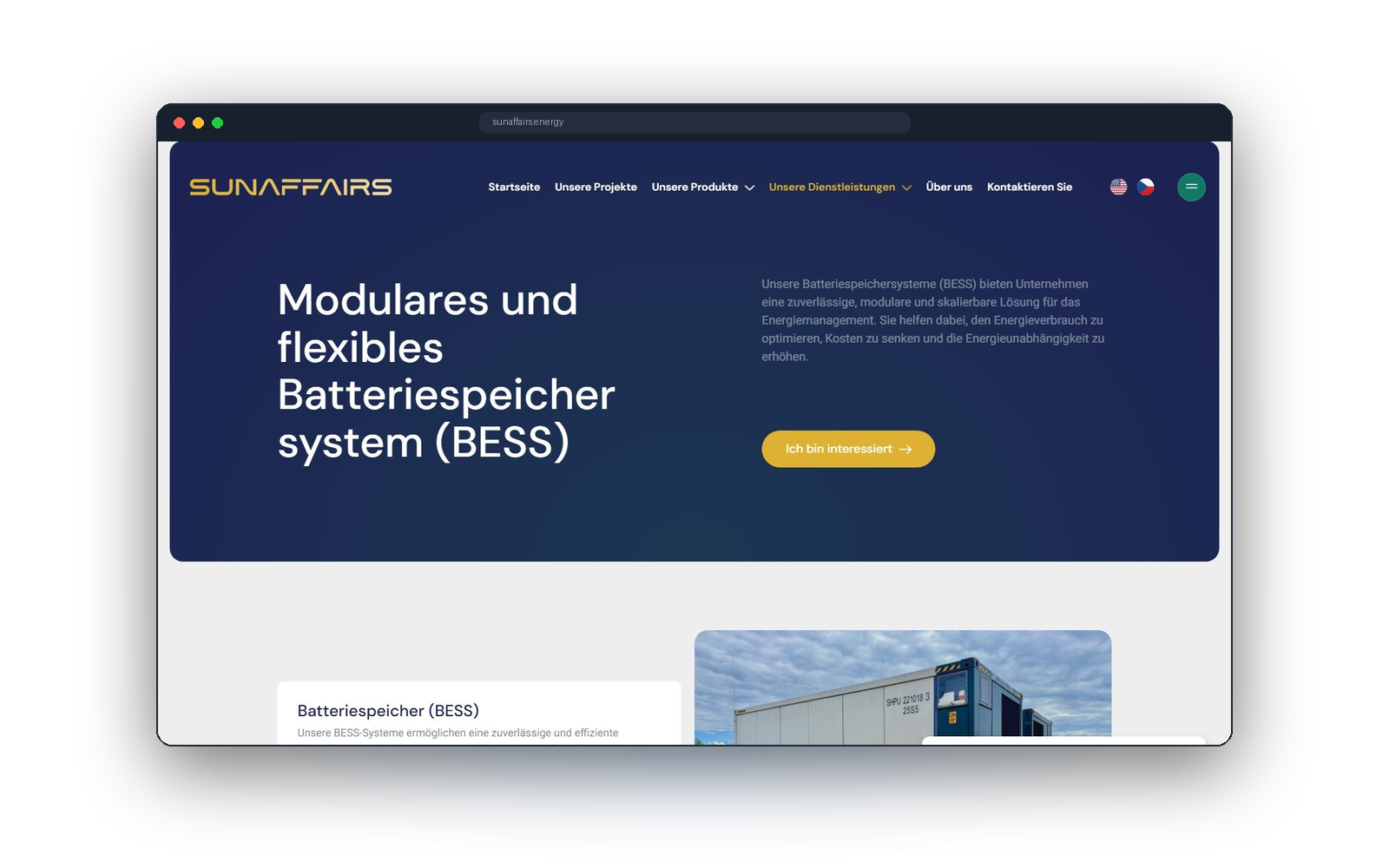 Německá produktová stránka bateriového úložiště BESS na webu Sunaffairs