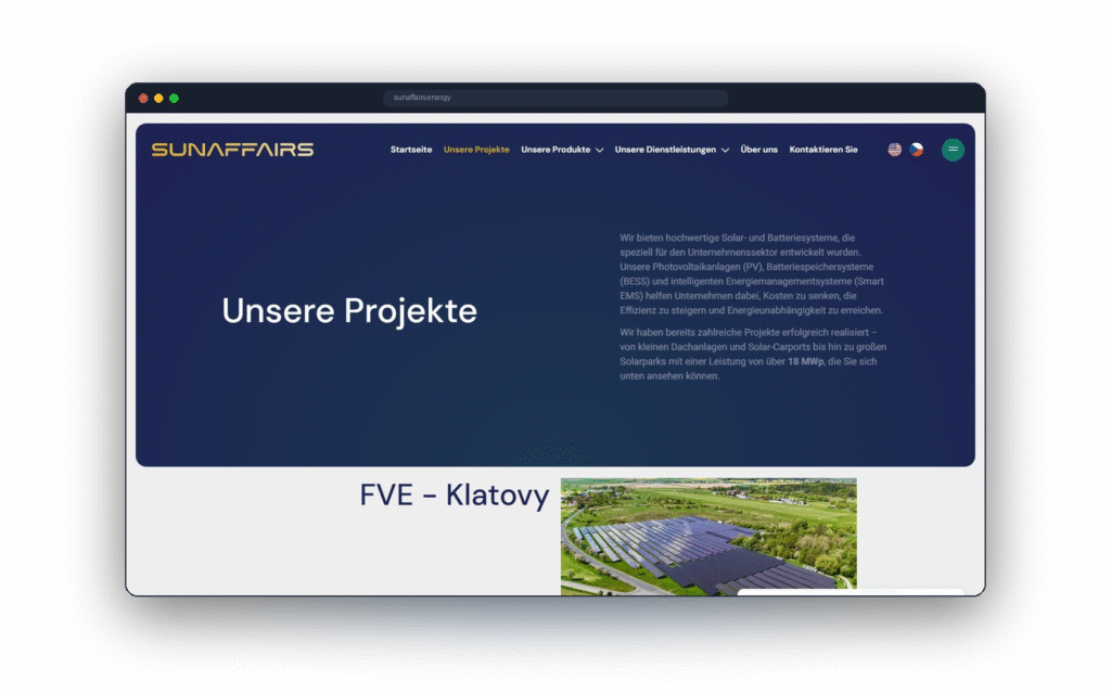 Přehled realizovaných projektů v německé verzi webu Sunaffairs
