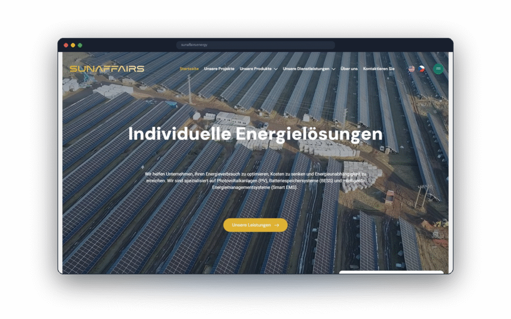 Úvod německé verze webu Sunaffairs s přepínačem jazyků