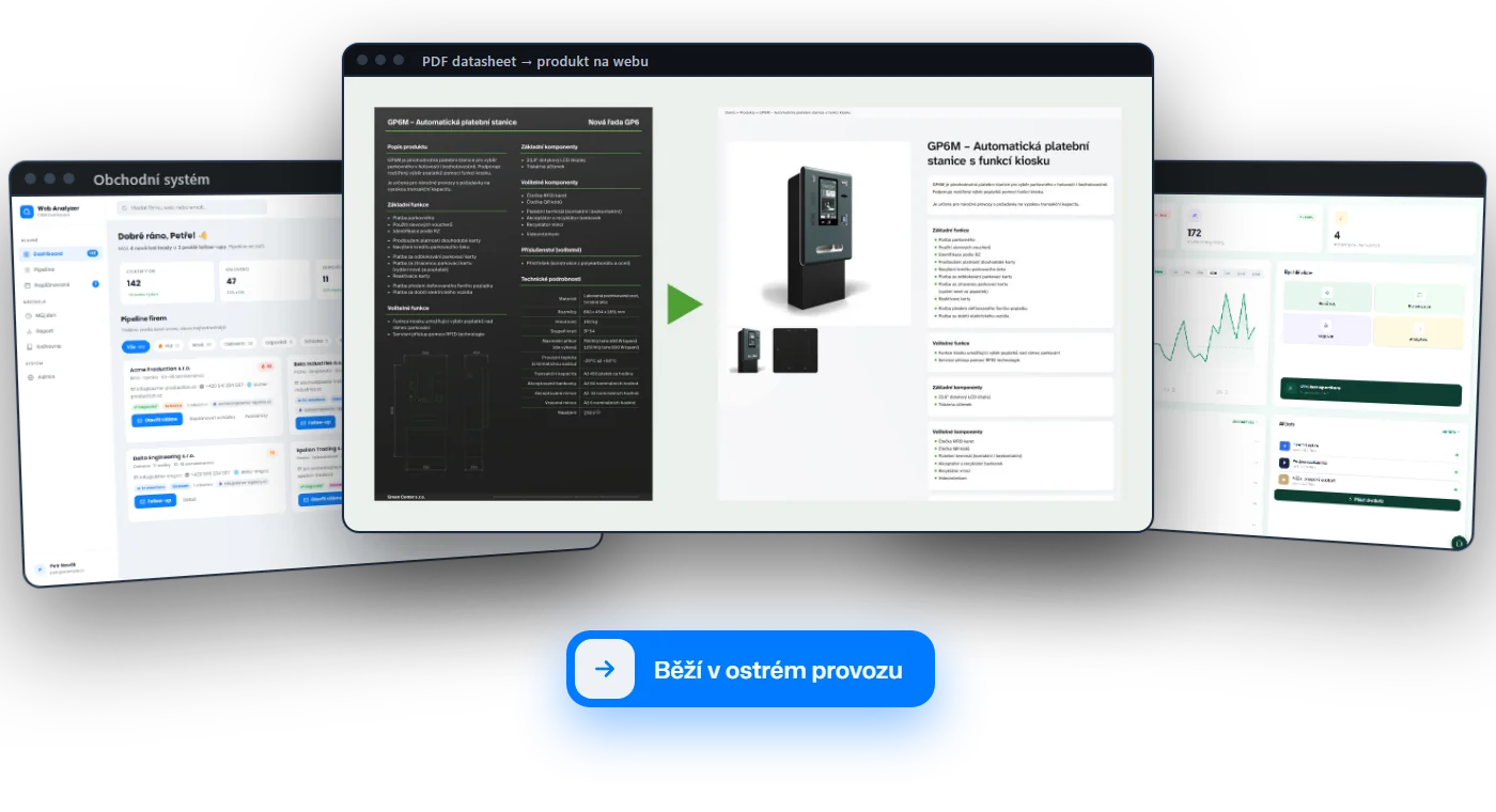 Ukázky AI systémů v provozu: datasheet na produkt, AI asistent, obchodní systém