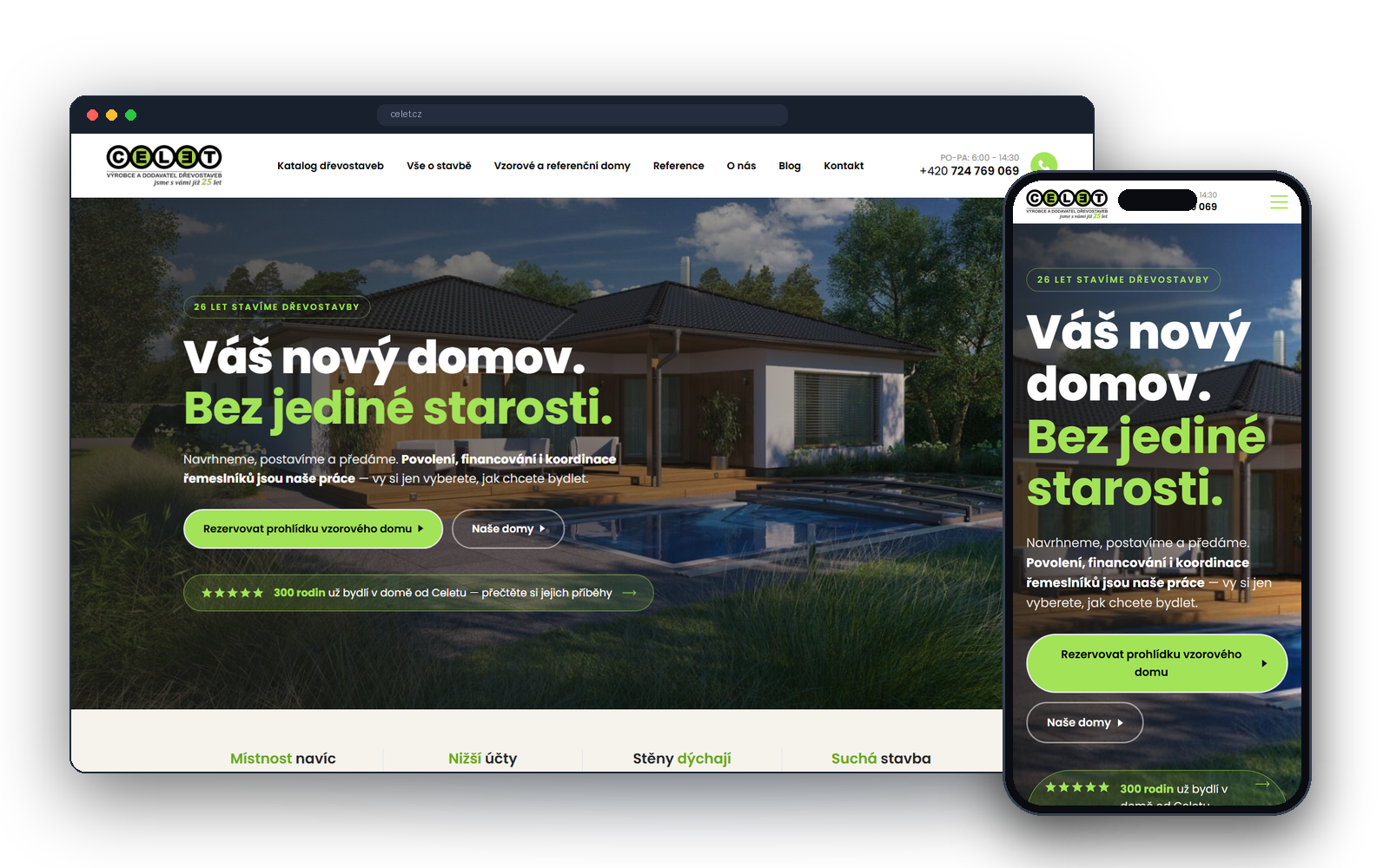 Úvodní stránka webu celet.cz s nabídkou dřevostaveb na klíč na WordPressu