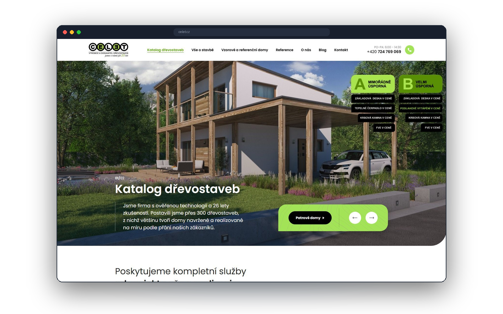 Katalog typových dřevostaveb CELET s filtrem podle dispozice, plochy a ceny