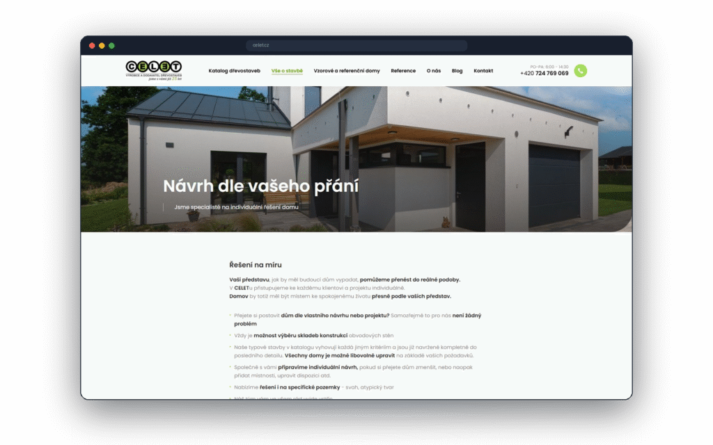 Stránka Individuální řešení domu na webu CELET