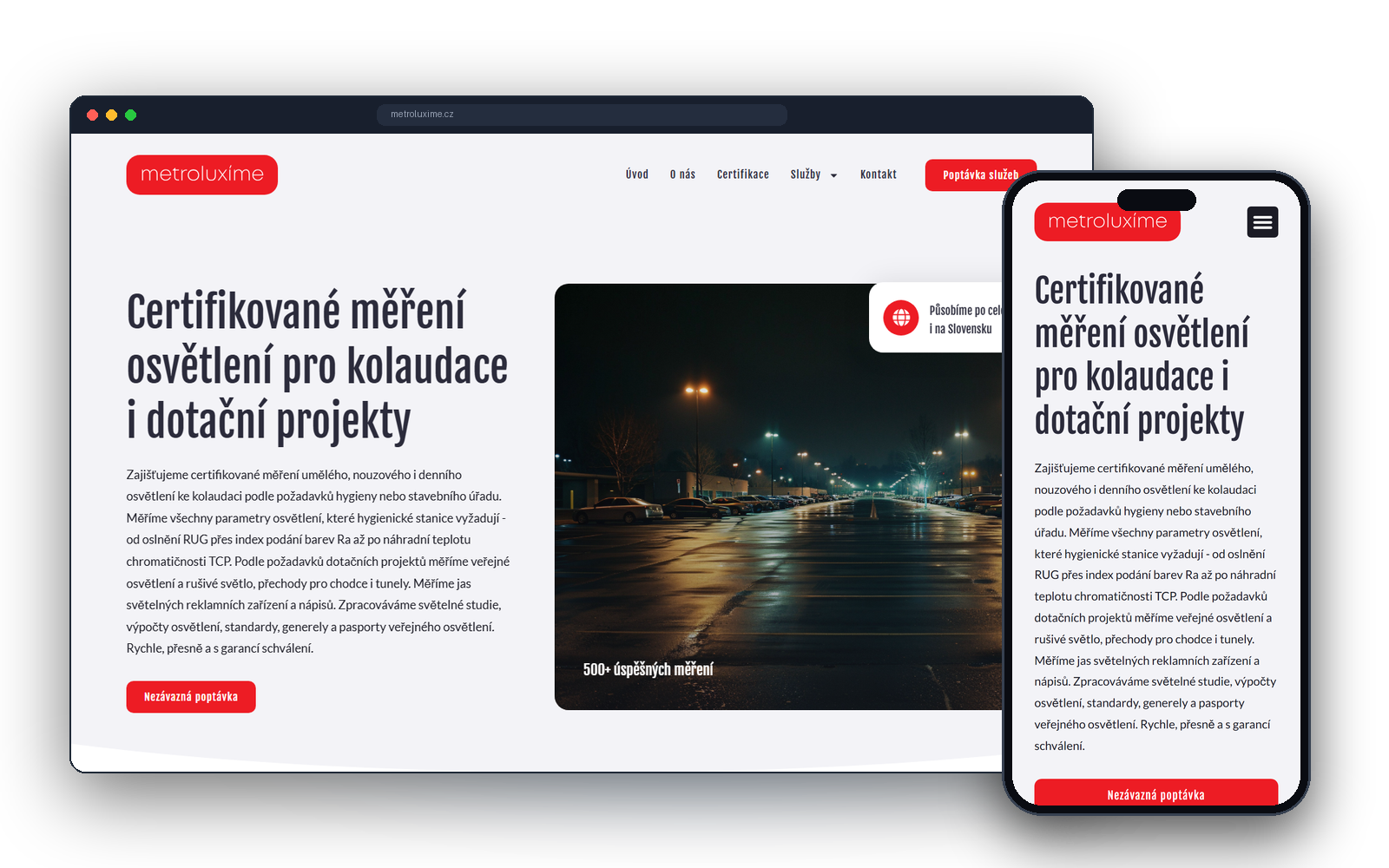 Úvodní stránka webu METROLUXÍME s nabídkou certifikovaného měření osvětlení