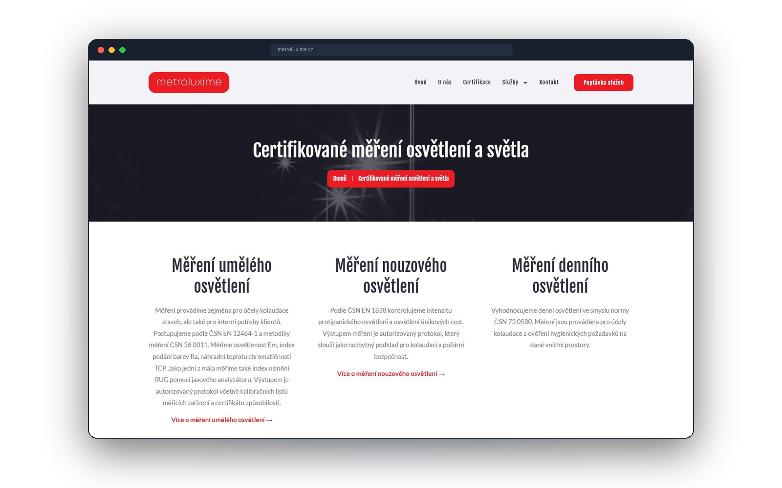 Stránka Certifikované měření osvětlení a světla s typy měření a normami