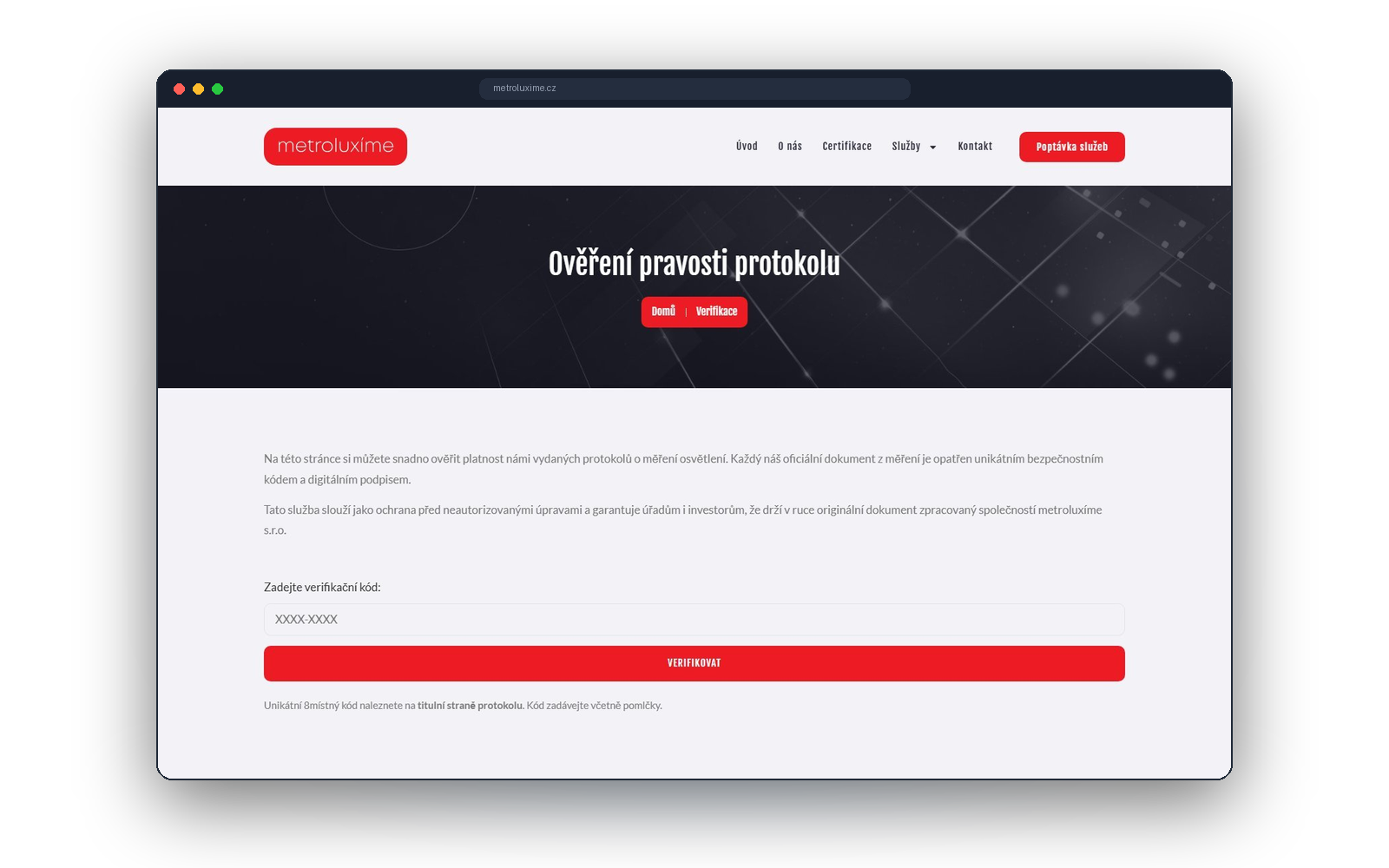 Ověřovací stránka, kde se zadává kód z titulní strany protokolu o měření