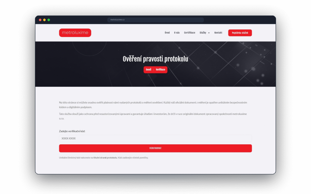 Verifikace protokolu METROLUXÍME přímo na webu
