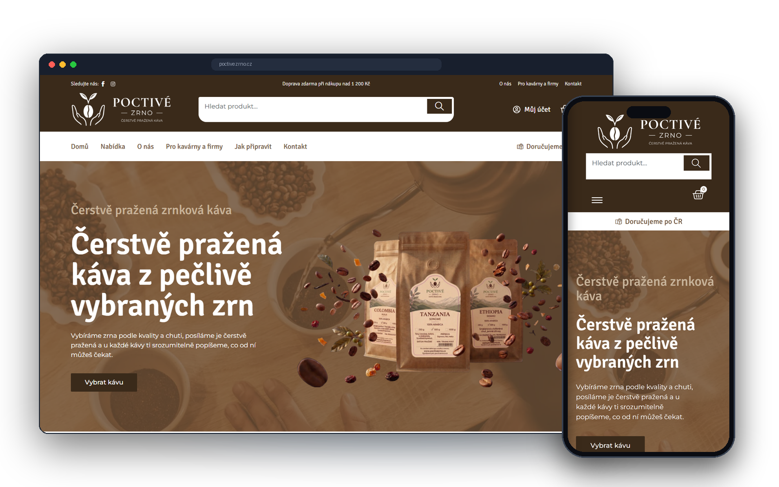 Úvodní stránka e-shopu Poctivé zrno – čerstvě pražená káva z pečlivě vybraných zrn