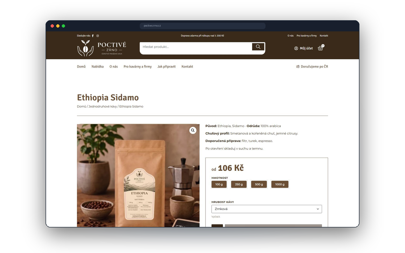 Detail kávy Ethiopia Sidamo v e-shopu Poctivé zrno s výběrem gramáže a mletí