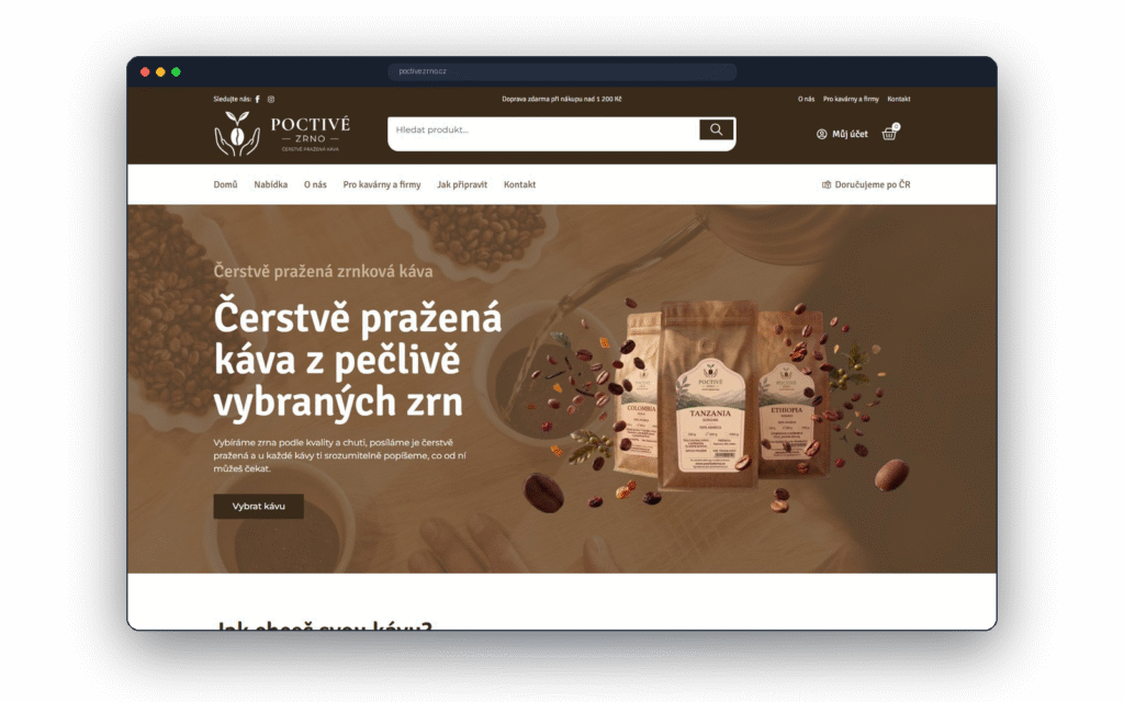 Úvod webu Poctivé zrno s nabídkou předplatného a degustační sady