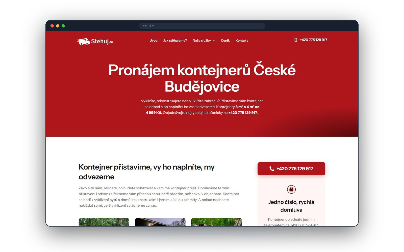 Stránka Pronájem kontejnerů České Budějovice na webu Stehuj.to