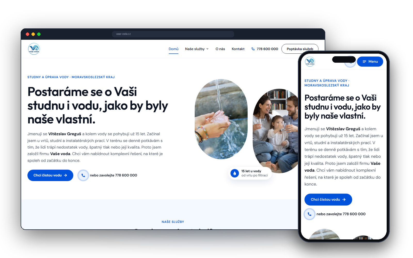 Úvodní stránka webu Vaše Voda po redesignu – studny a úprava vody Frýdek-Místek
