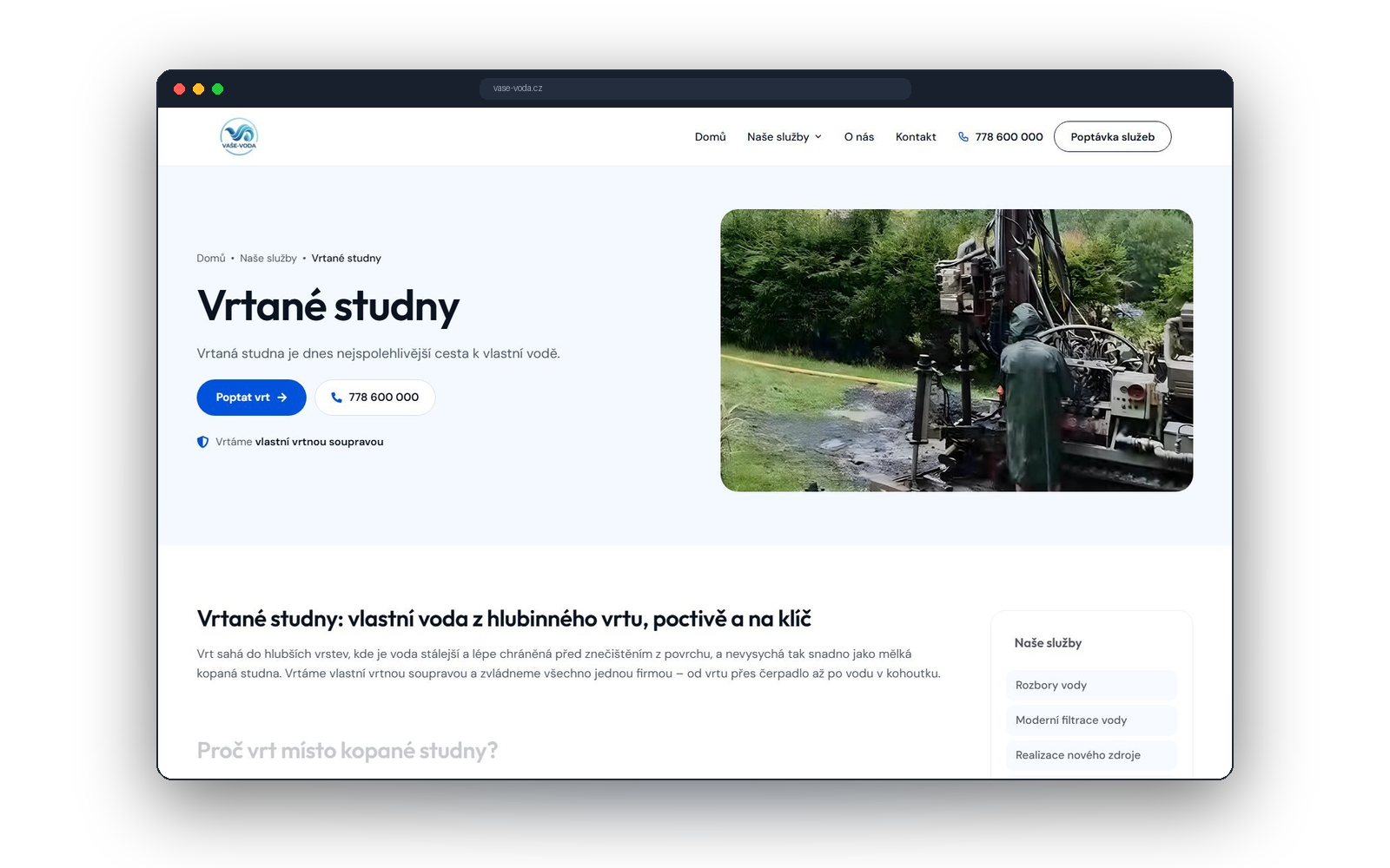 Stránka Vrtané studny na webu Vaše Voda