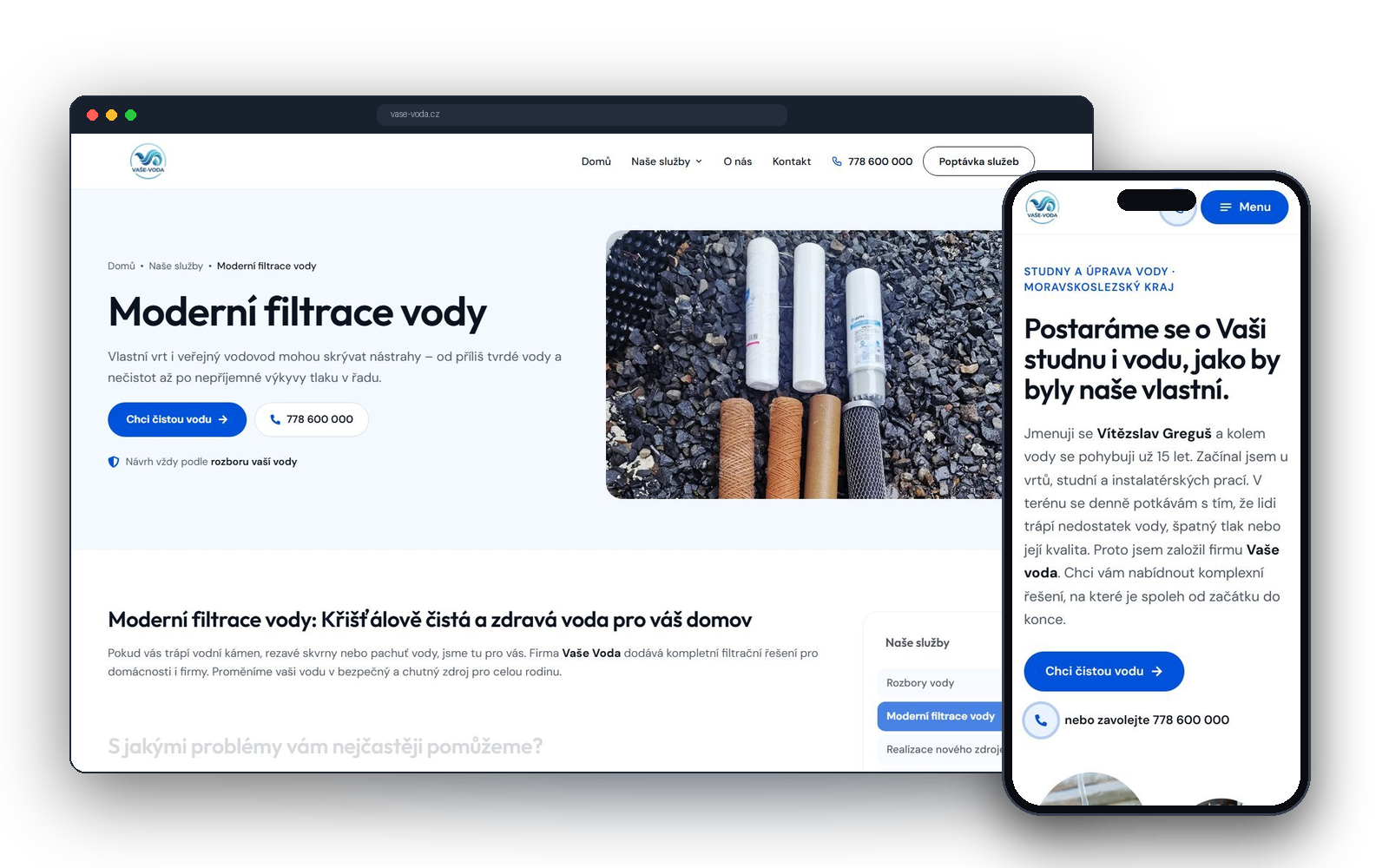 Web Vaše Voda na mobilu – úvod s kontaktem na jedno ťuknutí
