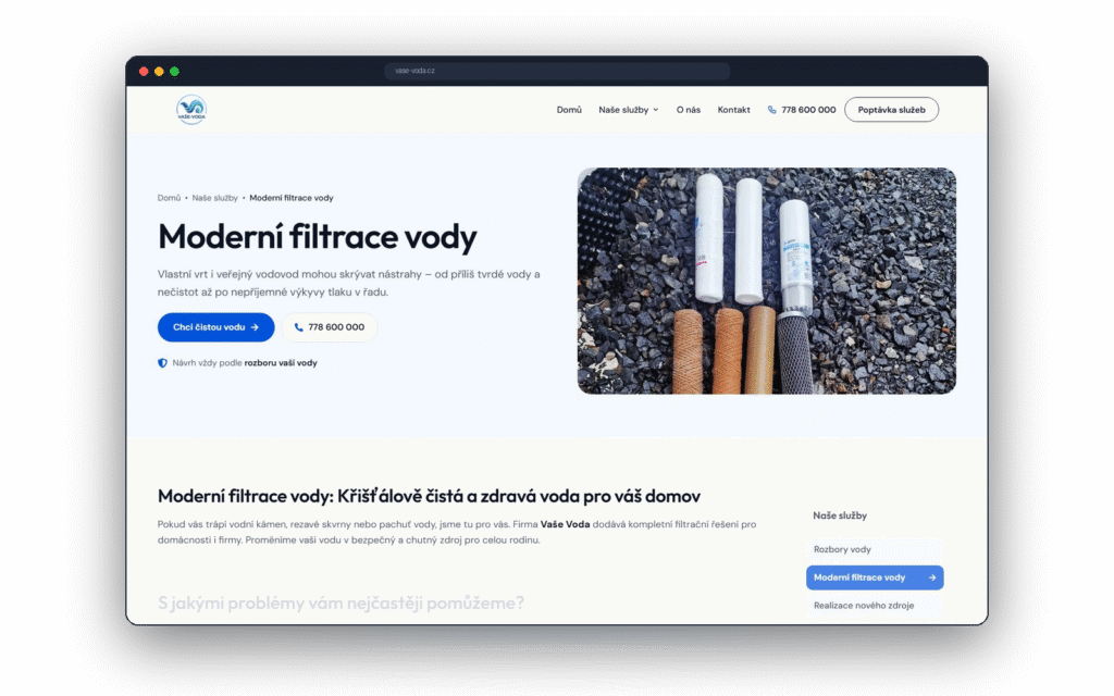 Stránka služby Moderní filtrace vody na webu Vaše Voda